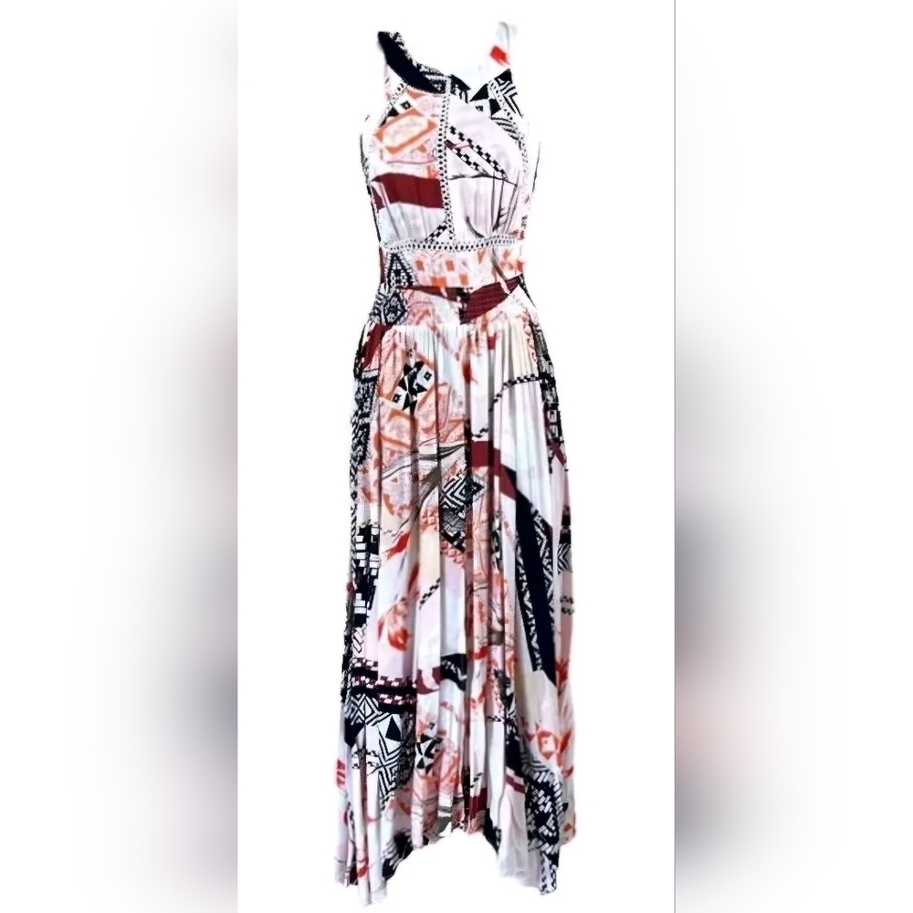 Abel the Label Geometric Orange Blue Halter Maxi Dress sz L